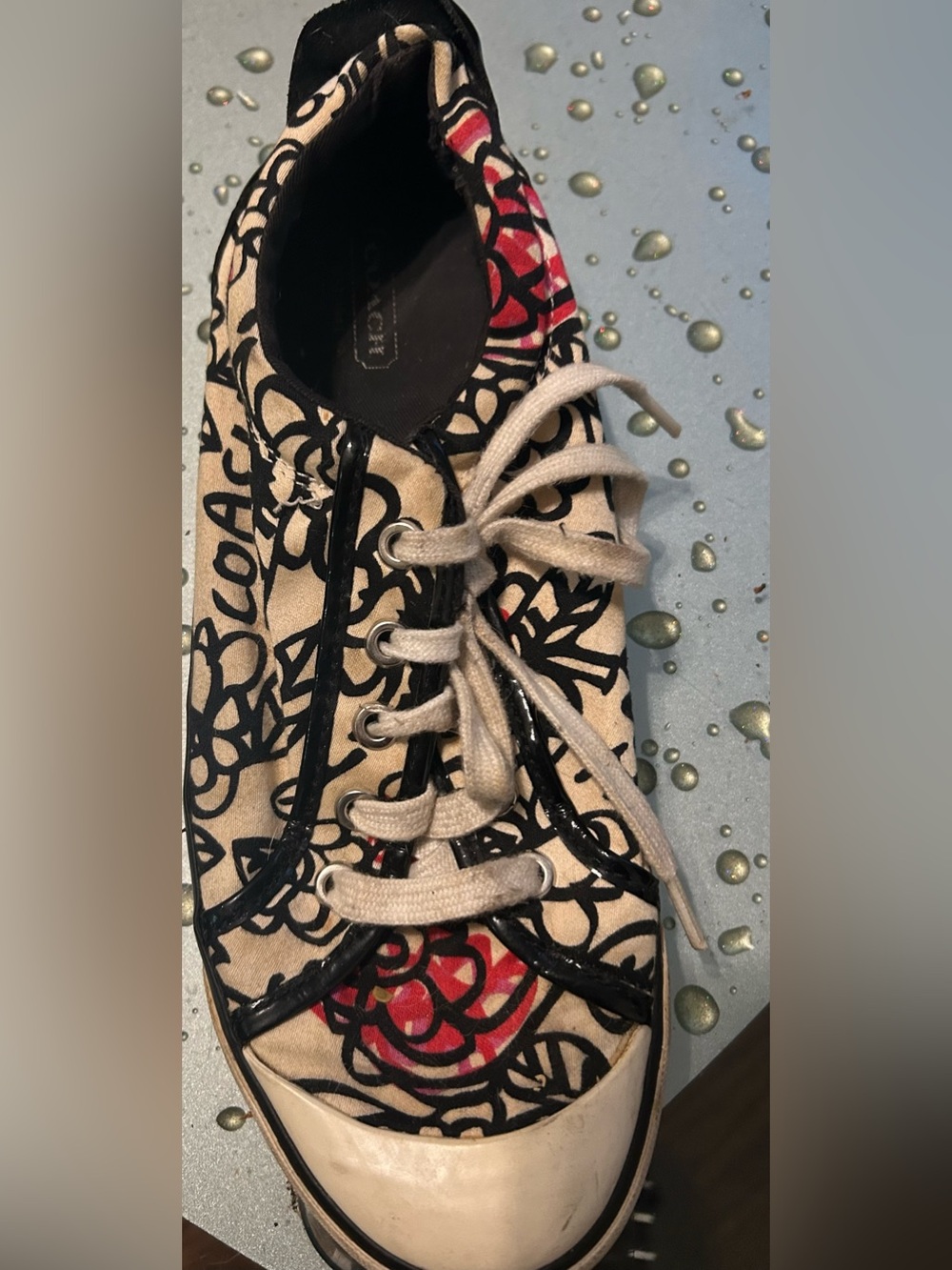 Coach Floral Graphic Canvas Lace-Up Sneakers in Beige, Black and Pink